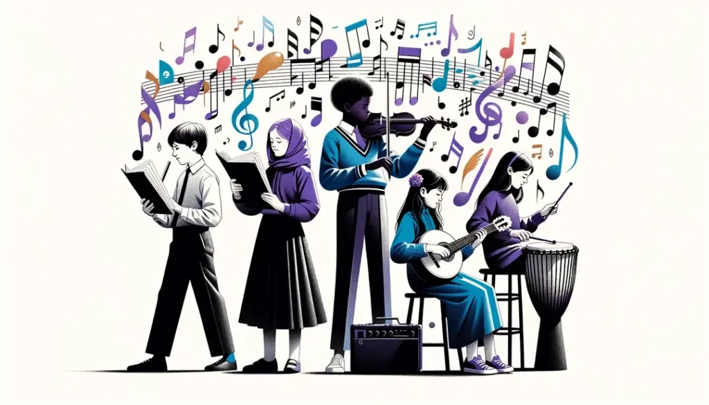 Ilustración que muestra a estudiantes franceses interactuando con música atonal