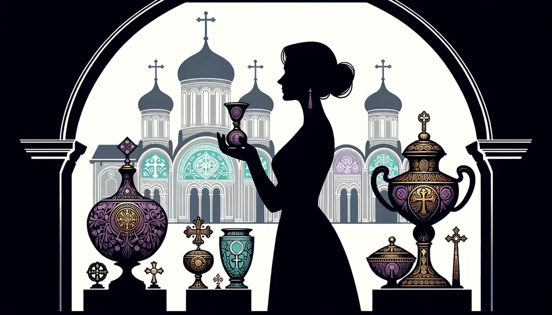 Ilustración minimalista de arte sacro en iglesia del sur de Francia con figura humana destacando la orfebrería