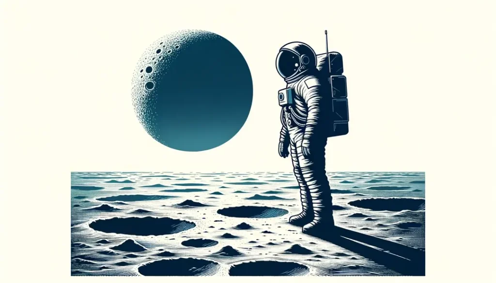Figura humana con casco de astronauta sobre la superficie lunar en estilo minimalista