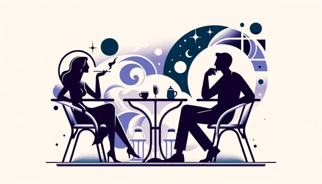 Una imagen minimalista de una conversación filosófica en un café