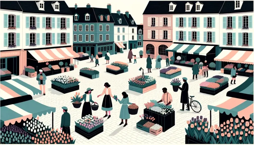 Ilustración minimalista de un mercado de flores en una plaza francesa