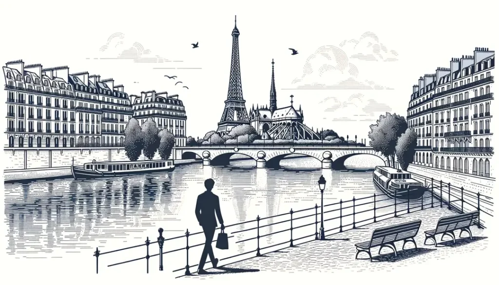 Ilustración minimalista del Sena en París mostrando monumentos icónicos y un paseo tranquilo