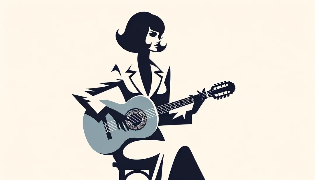Una figura femenina elegante de los años 60 con una guitarra representando la fusión entre bossa nova y chanson francesa