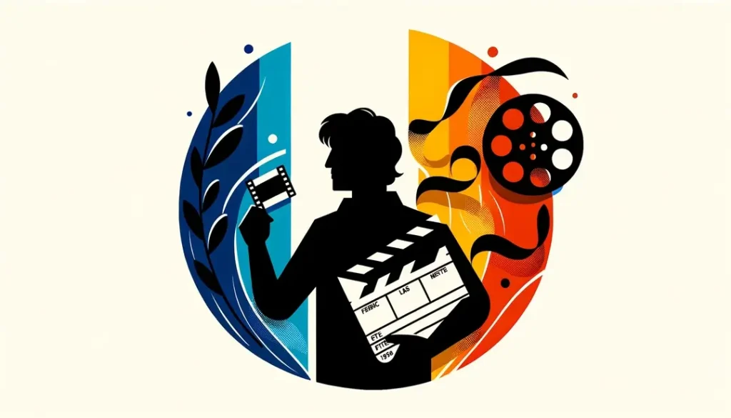 Ilustración minimalista que representa el intercambio cultural cinematográfico entre Francia y Latinoamérica con figura humana y elementos de producción
