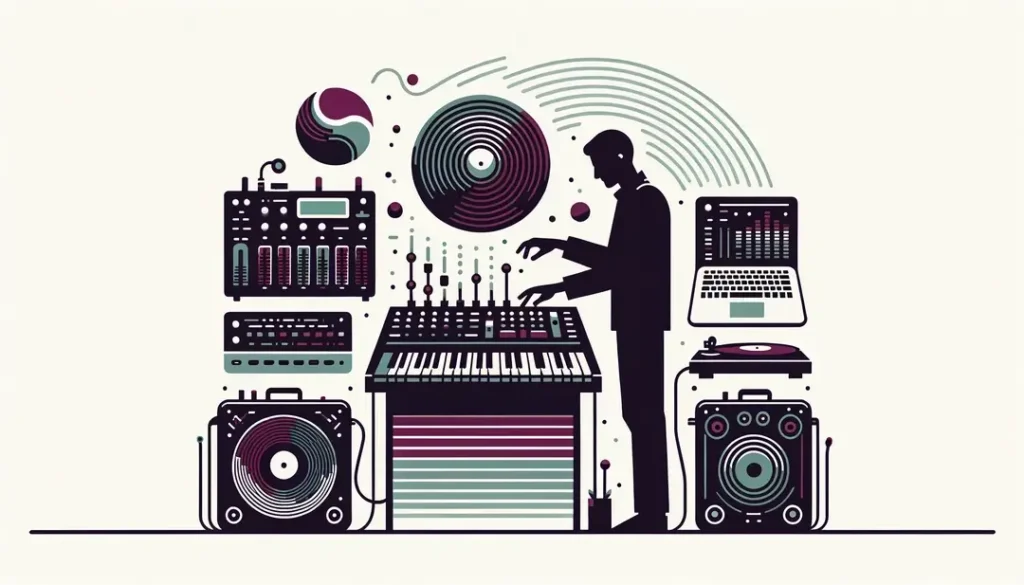 Figura humana interactuando con elementos de música electrónica y cine con fondo blanco
