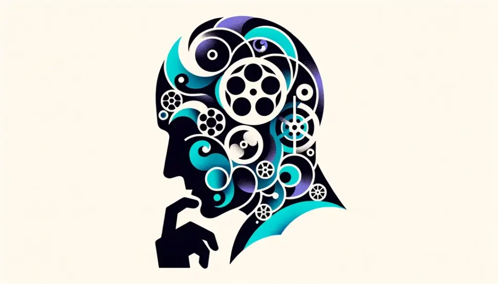 Ilustración minimalista que representa a una figura humana reflexionando sobre la filosofía de Deleuze en la teoría cinematográfica francesa