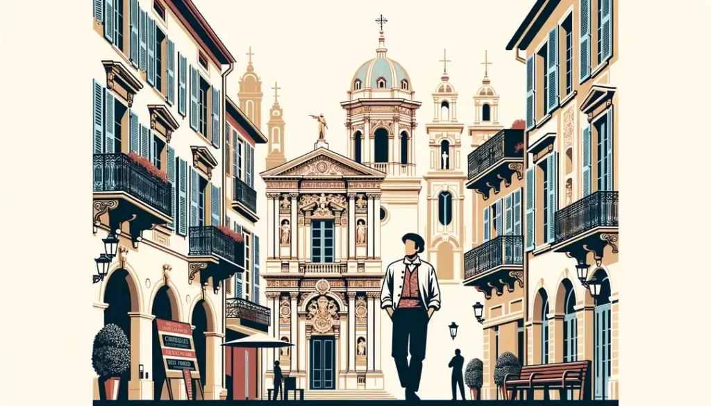 Ilustración minimalista de la influencia cultural italiana en la Riviera Francesa en el siglo XIX