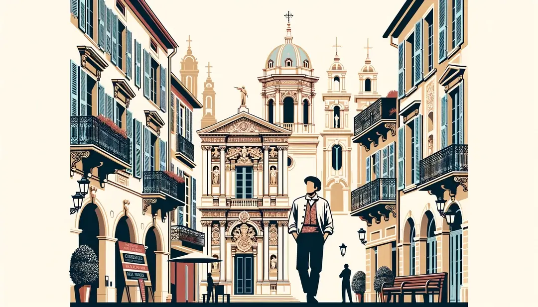 Ilustración minimalista de la influencia cultural italiana en la Riviera Francesa en el siglo XIX