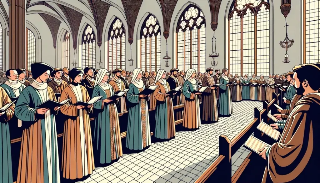 Escena interior de una iglesia medieval francesa con figuras cantando canto llano