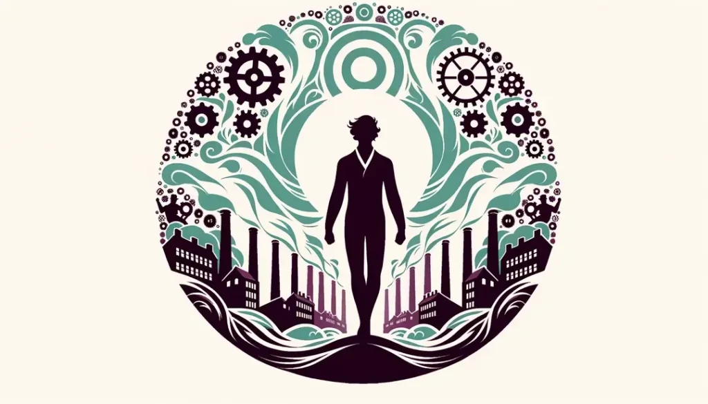 Representación minimalista de una figura humana rodeada de elementos industriales