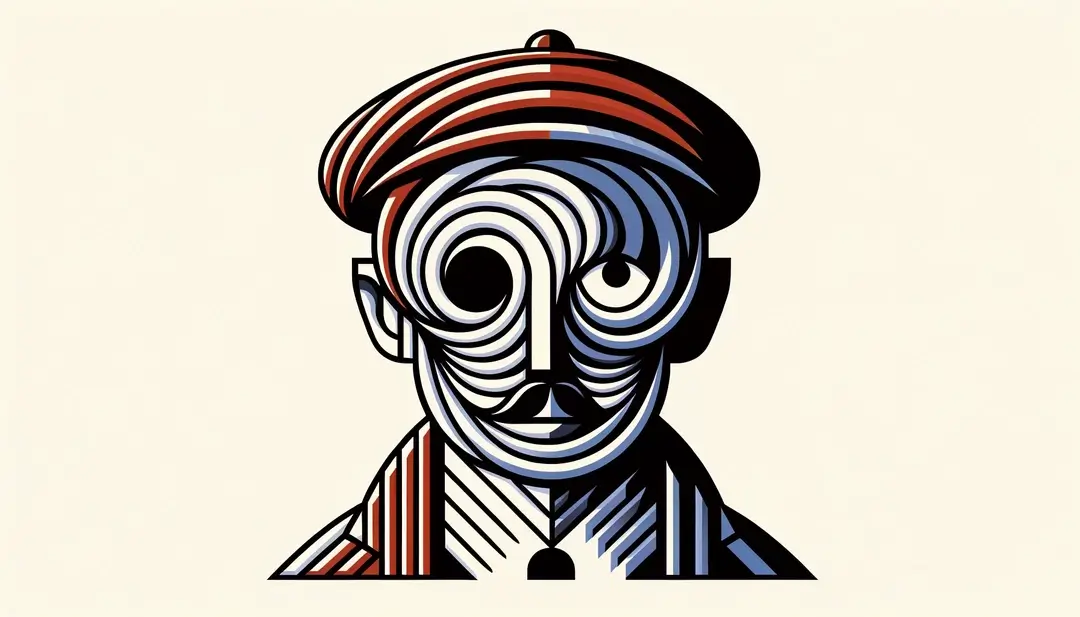 Ilustración minimalista de la influencia surrealista en el cine francés con figura humana y colores distintivos