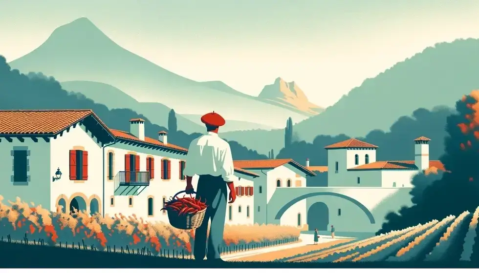Ilustración minimalista del paisaje del sudoeste francés con influencia cultural vasca