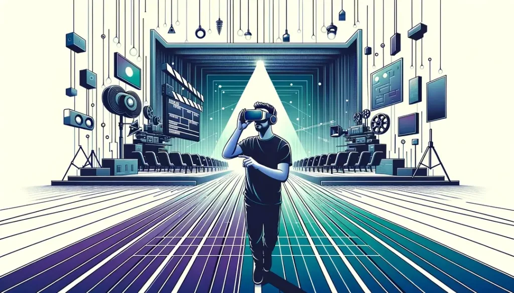 Cineasta francés utilizando equipo de realidad virtual en un entorno cinematográfico moderno