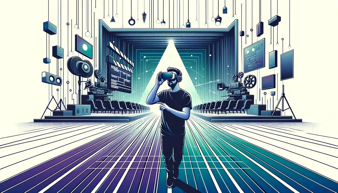 Cineasta francés utilizando equipo de realidad virtual en un entorno cinematográfico moderno
