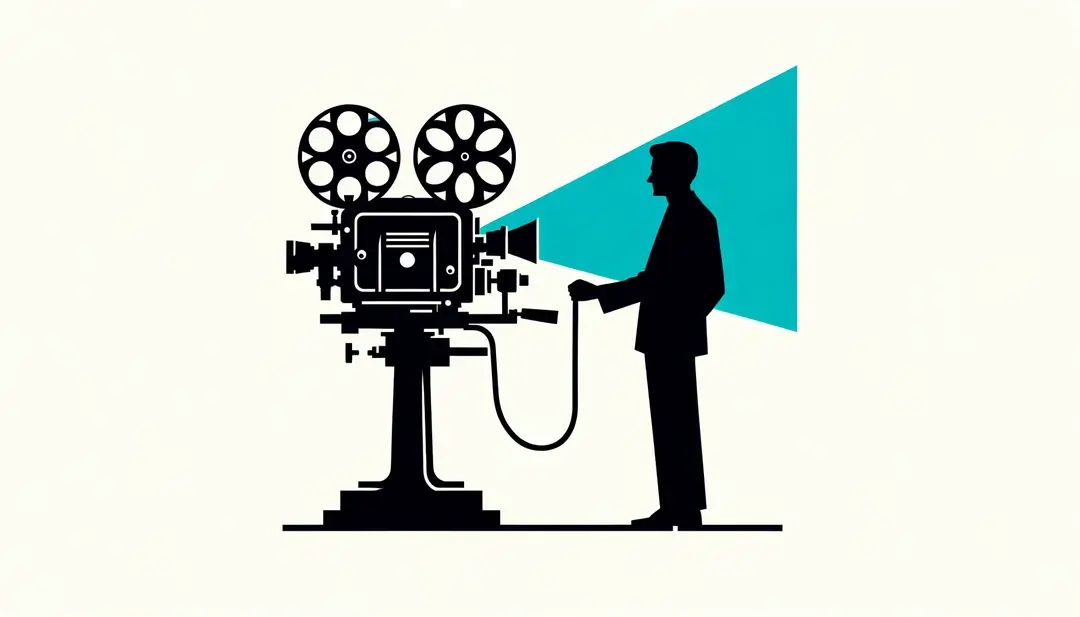 Ilustración minimalista de un proyector de cine del siglo XX con figura humana operándolo
