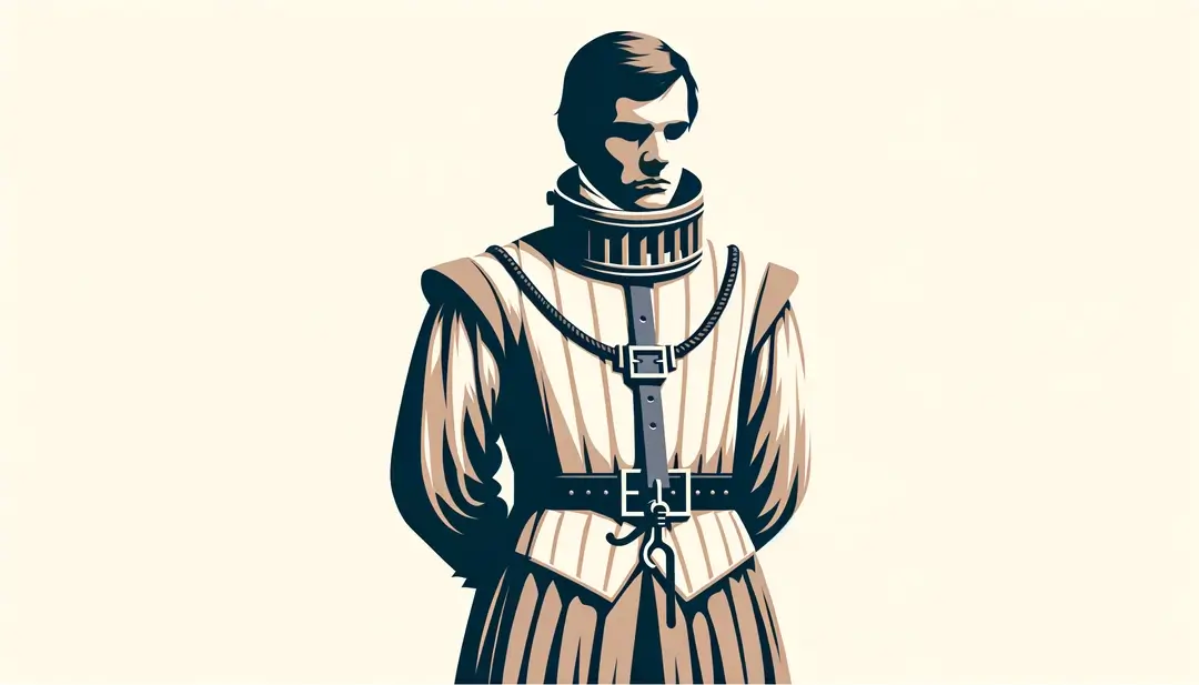 Ilustración minimalista de un carcan medieval con figura europea