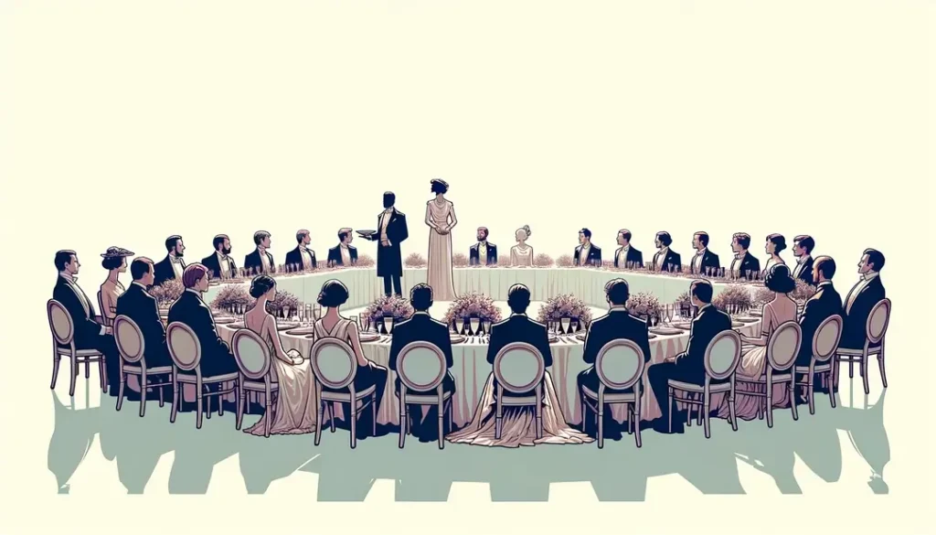 Ilustración minimalista de un banquete formal destacando al invitado de honor en un lugar prominente