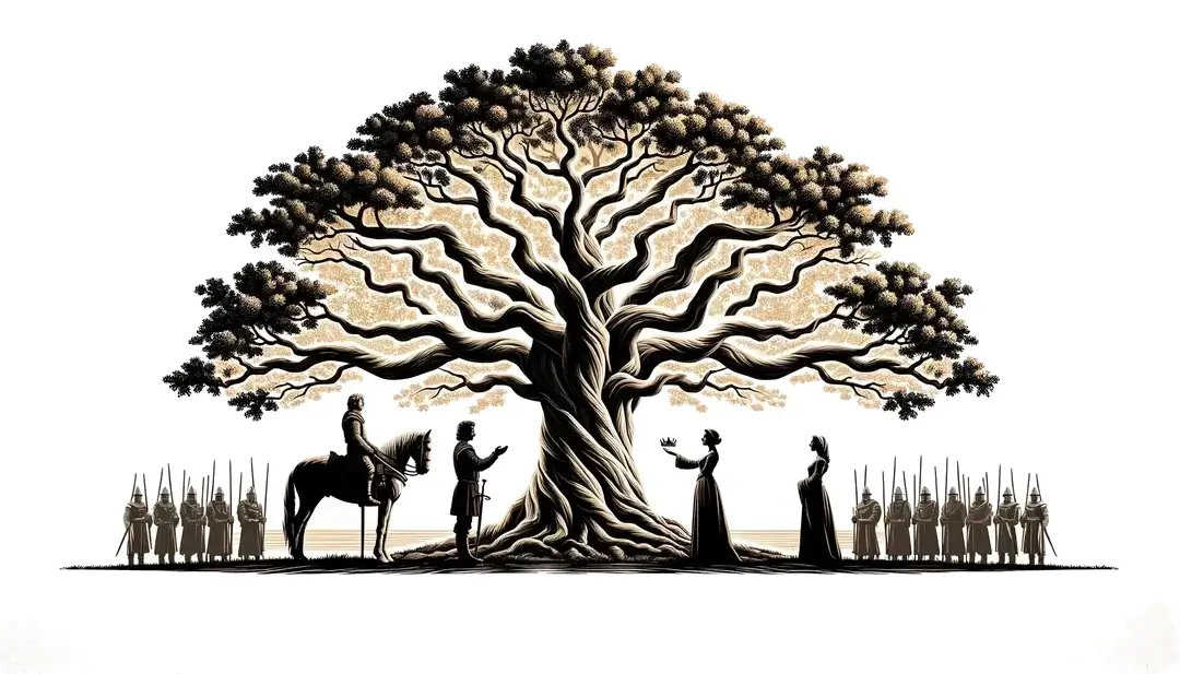 Ilustración de un caballero medieval y un aldeano bajo el roble sagrado de Rognes
