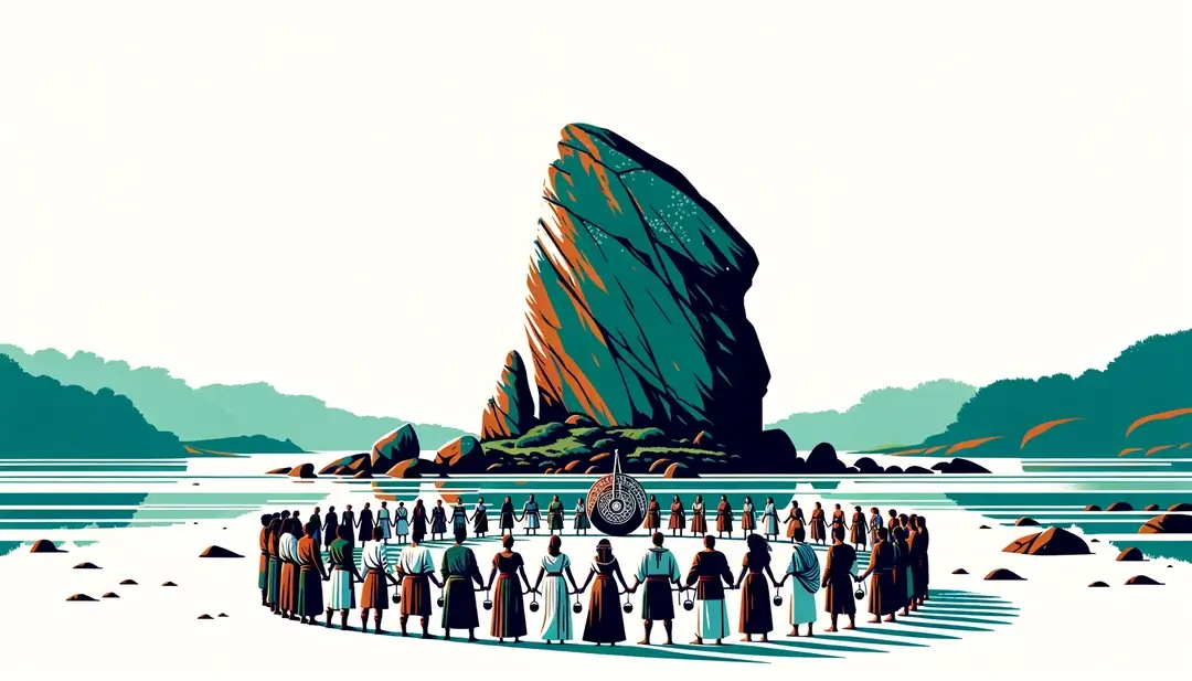 Una ilustración minimalista que representa figuras celtas realizando un ritual en torno a la roca de la cultura bretona