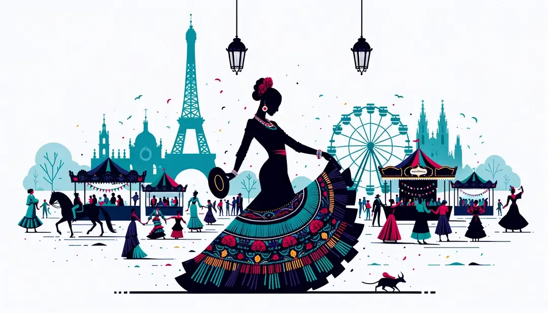 Dibujo minimalista de un festival flamenco con bailaora y una feria francesa en segundo plano