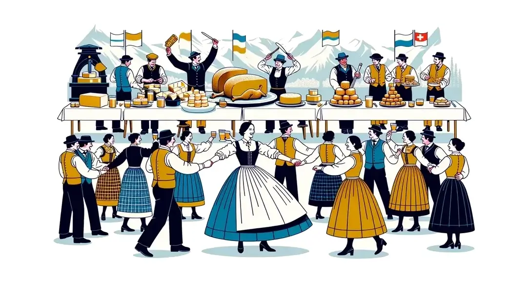 Ilustración de una familia suiza celebrando el festival Bénichon