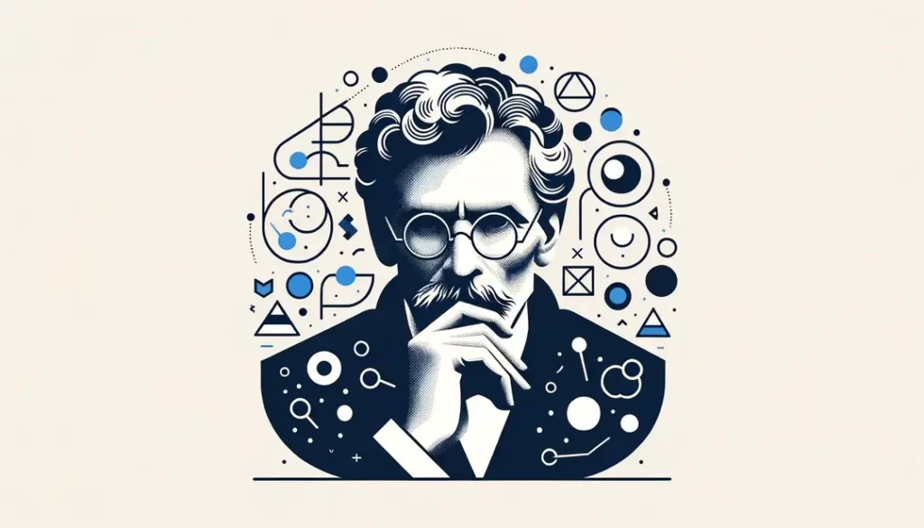 Ilustración minimalista de Paul Valéry reflexionando sobre el arte y la estética