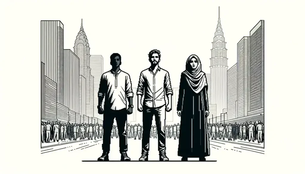Ilustración minimalista de tres figuras humanas destacando la multiculturalidad y unidad en un entorno urbano