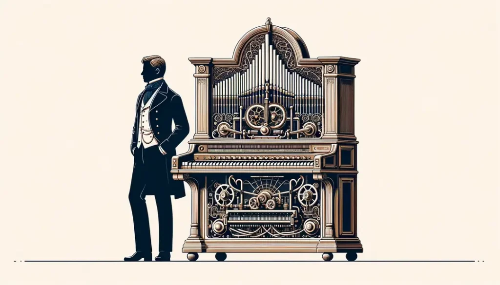 Ilustración de un orchestrion del siglo XIX con un hombre del Romanticismo destacando la automatización y los elementos mecánicos