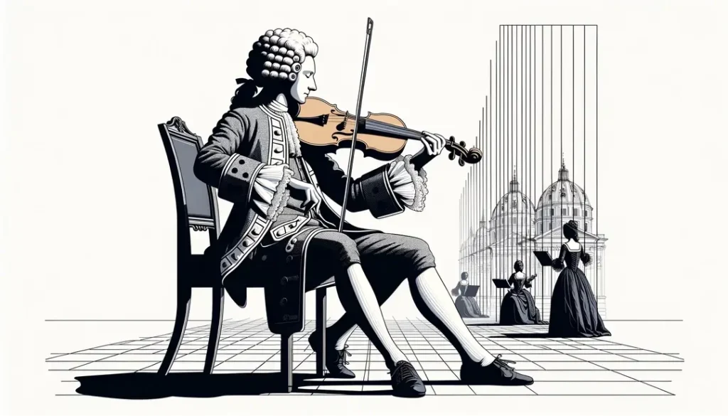 Ilustración minimalista de un músico barroco interpretando la passacaille con una viola da gamba