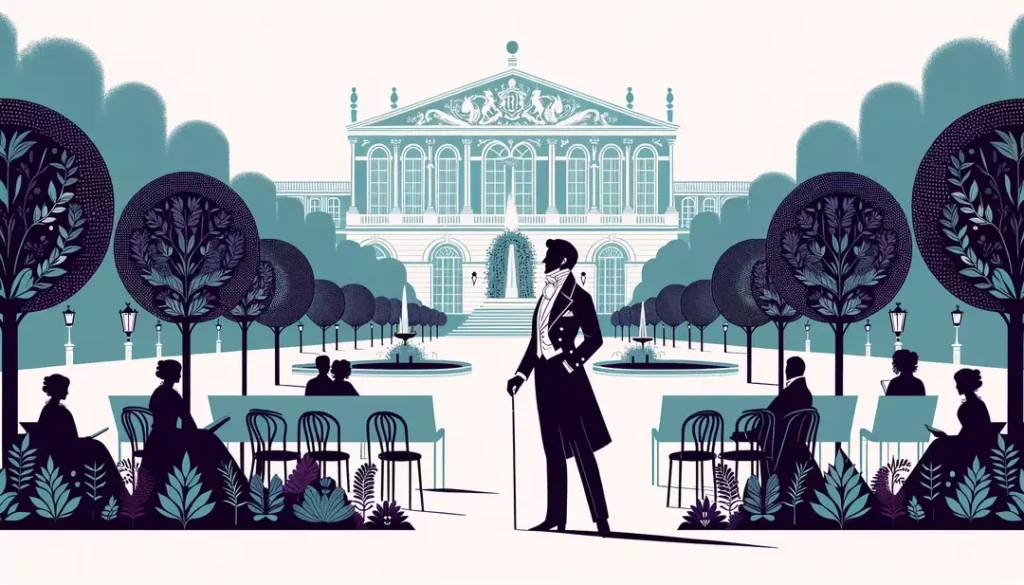 Ilustración minimalista de un espectador disfrutando de una ópera al aire libre en un jardín de un palacio francés