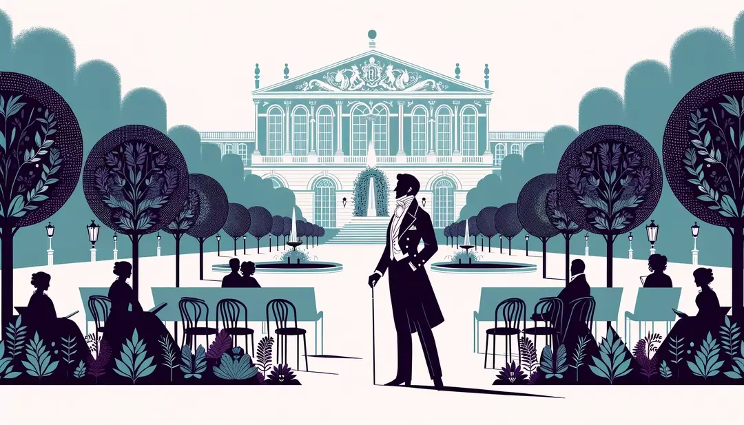 Ilustración minimalista de un espectador disfrutando de una ópera al aire libre en un jardín de un palacio francés