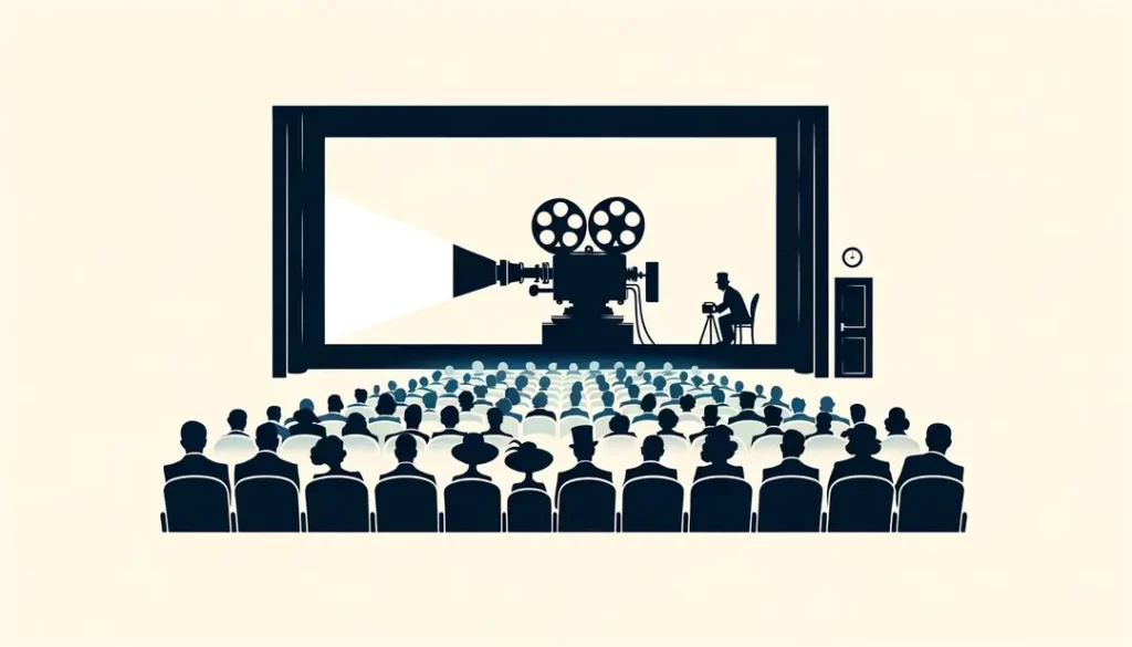 Escena de cine vintage con público francés del siglo XX