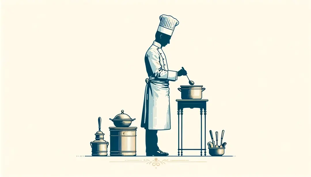 Ilustración minimalista de Auguste Escoffier en una cocina francesa del siglo XIX