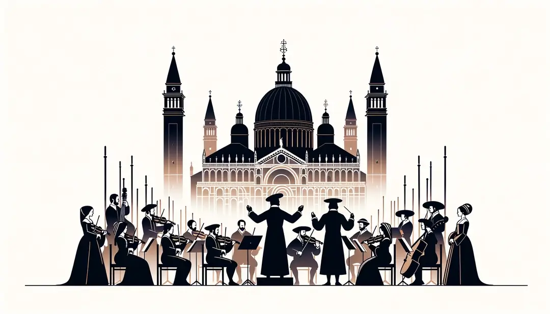 Ilustración de músicos renacentistas de Venecia y París interpretando música policoral