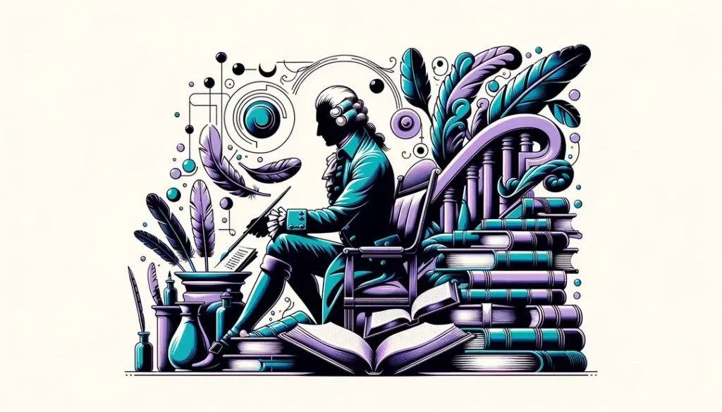 Escena minimalista con un intelectual del siglo XVIII rodeado de libros