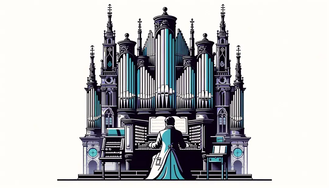 Ilustración minimalista de un órgano barroco en una catedral francesa del siglo XVII
