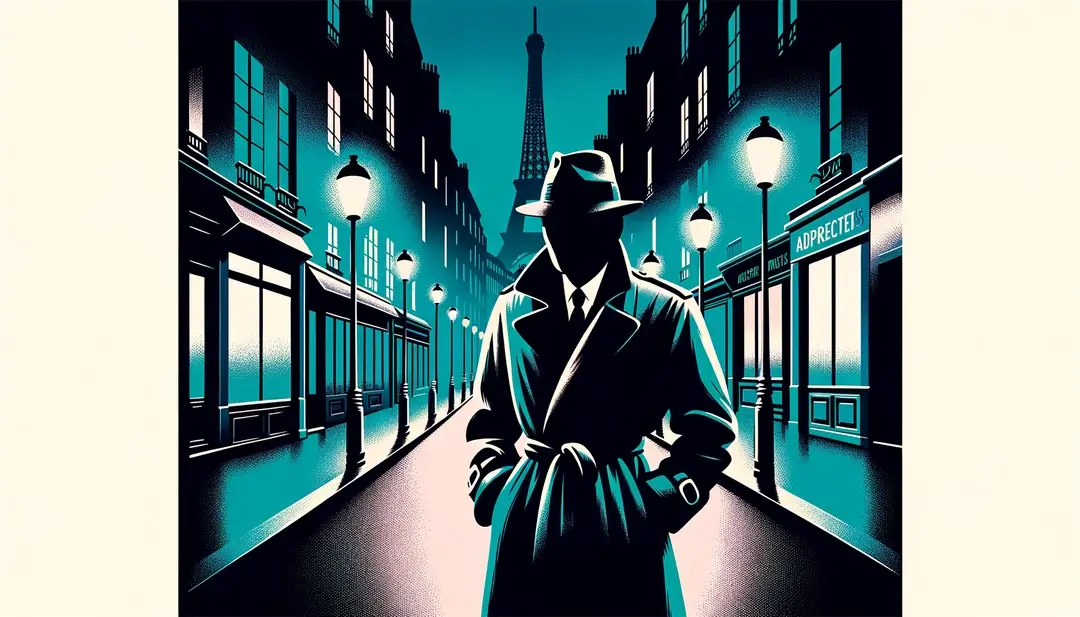 Ilustración minimalista de un detective francés de los años 50 en una calle nocturna