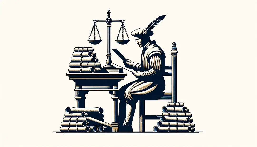 Jurista medieval francés examinando pergaminos en el desarrollo del sistema legal