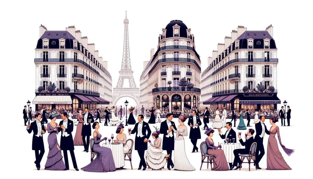 Ilustración minimalista de una escena de café-concert en la Belle Époque de París