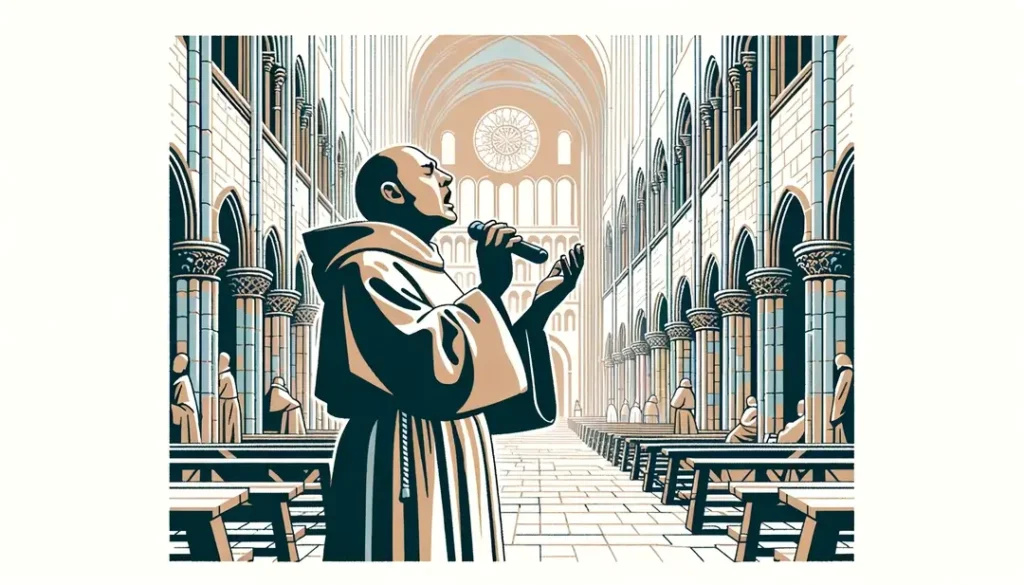 Ilustración de un monje medieval entonando canto monódico en una catedral histórica