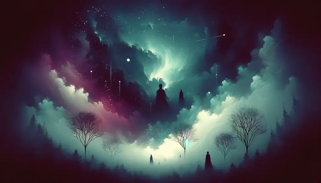 Ilustración minimalista de una escena nocturna evocando el tiempo del diablo