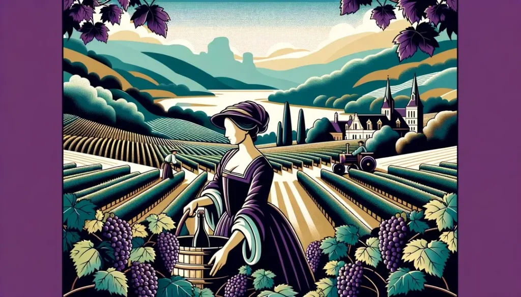 Ilustración minimalista de un vinicultor renacentista en los viñedos del Valle del Loira