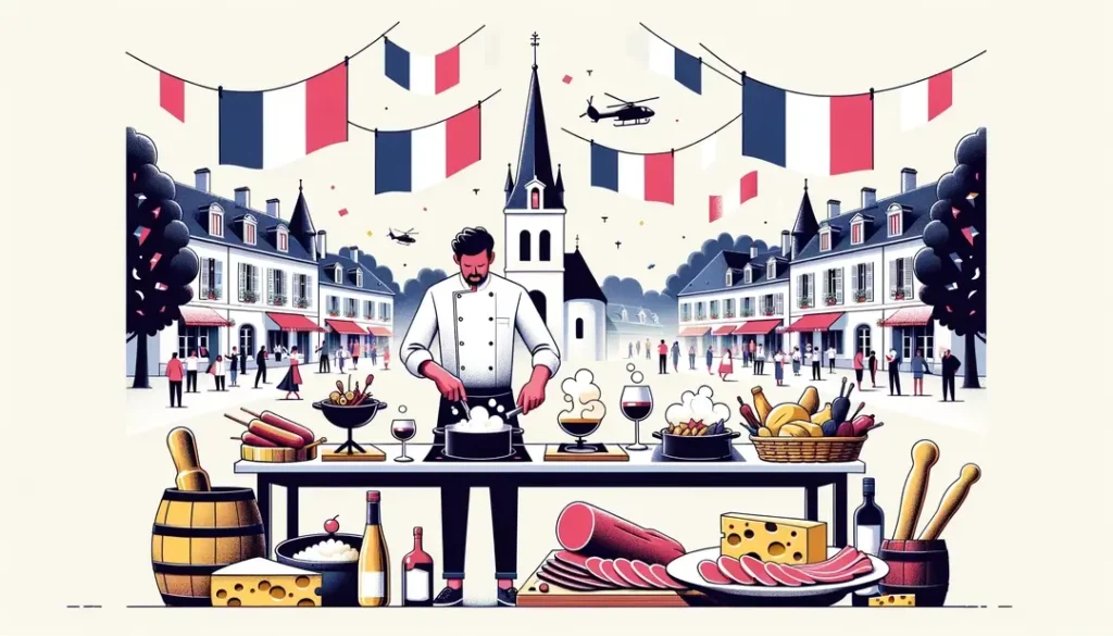 Ilustración minimalista de un festival culinario en Auvernia con figura humana cocinando platos tradicionales