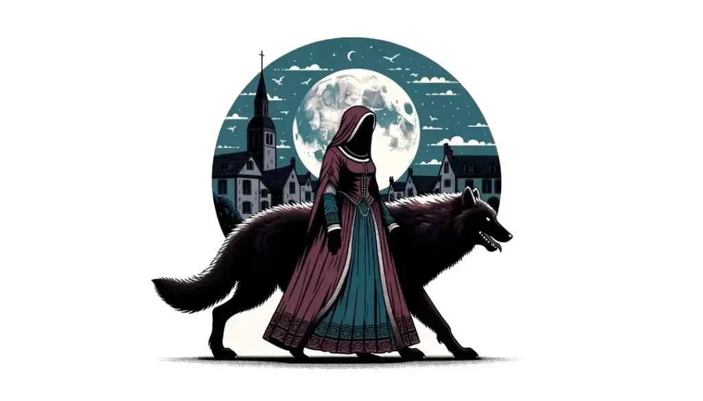 Figura mítica de loup-garou transformándose bajo la luna llena en un pueblo medieval francés