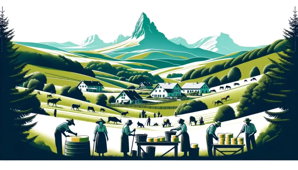 Ilustración minimalista del paisaje rural del Macizo Central con personas en actividades tradicionales como hacer queso y cultivar patatas