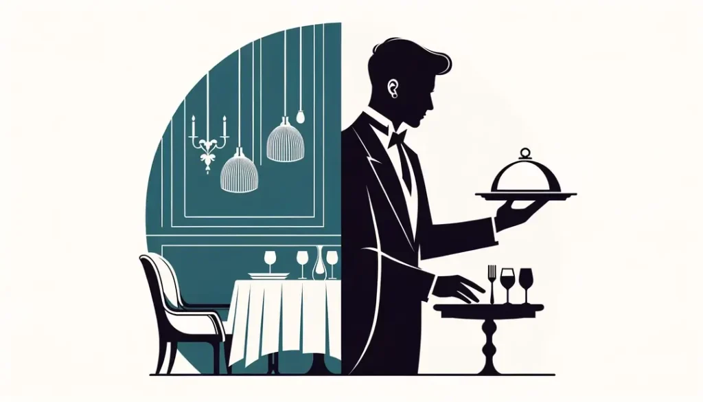 Ilustración de un maître d'hôtel europeo atendiendo una mesa en un elegante entorno de restaurante