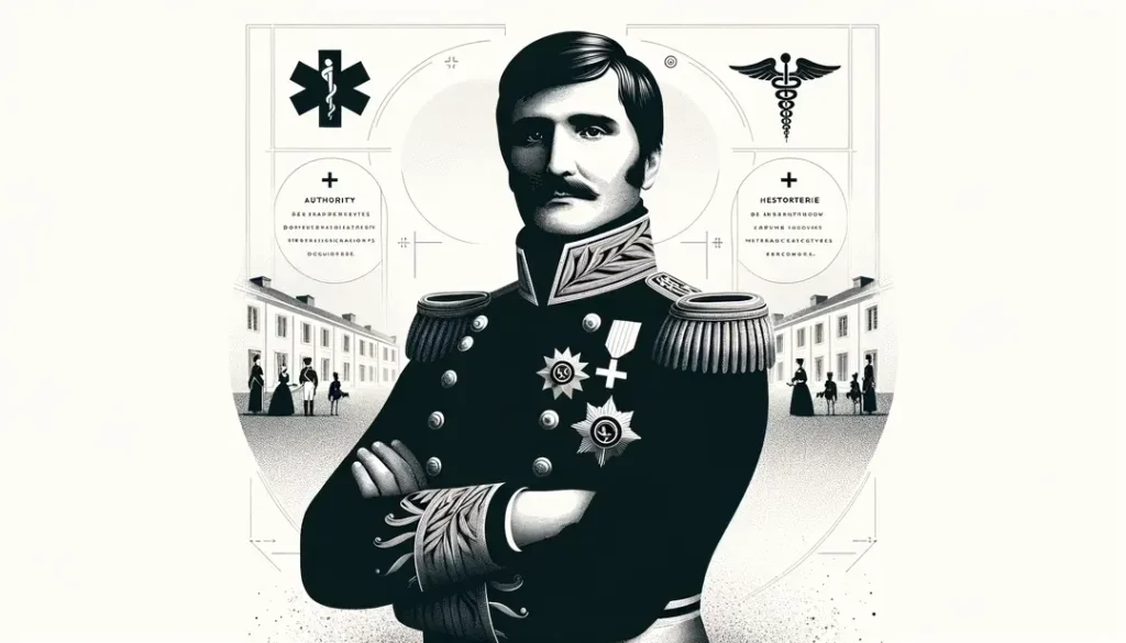 Ilustración minimalista de Napoleón Bonaparte con símbolos médicos