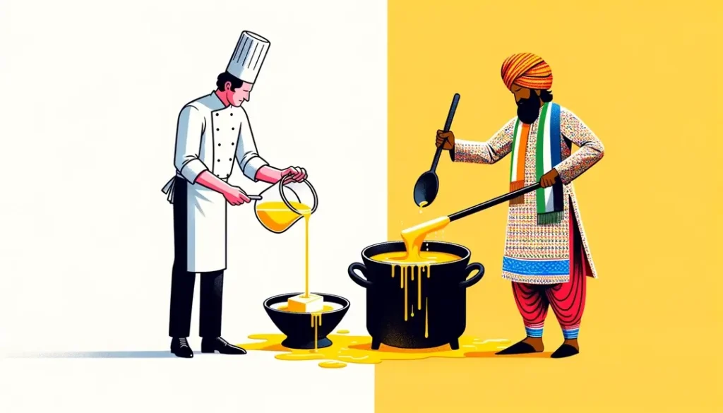 Ilustración minimalista de un chef francés y un cocinero indio demostrando sus técnicas culinarias de mantequilla y ghee