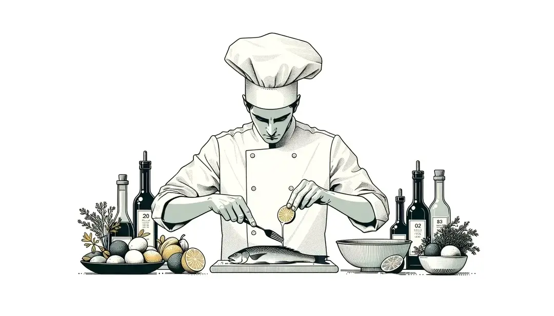 Ilustración minimalista de un chef francés preparando un marinado con finas hierbas y limón en fondo blanco