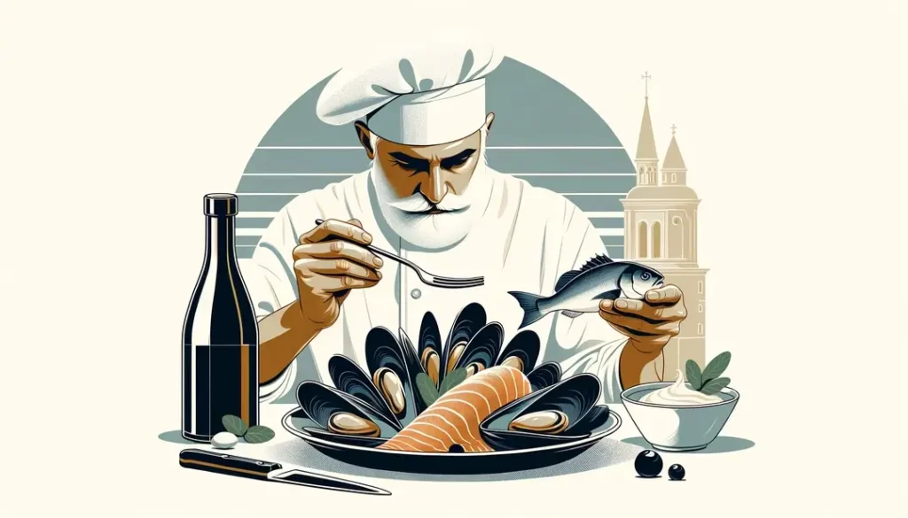 Plato de mariscos al estilo francés con chef